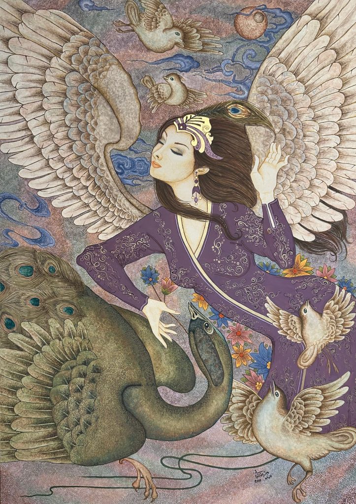 miniature painting of a woman and Peacock