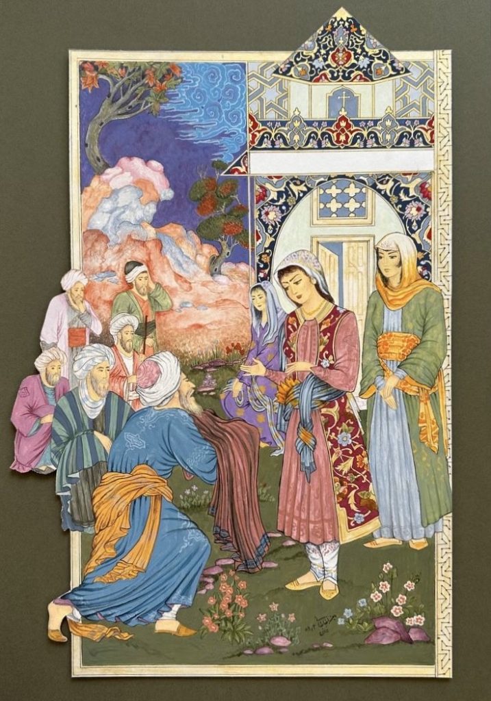 miniature painting that a lover offering a present to beloved