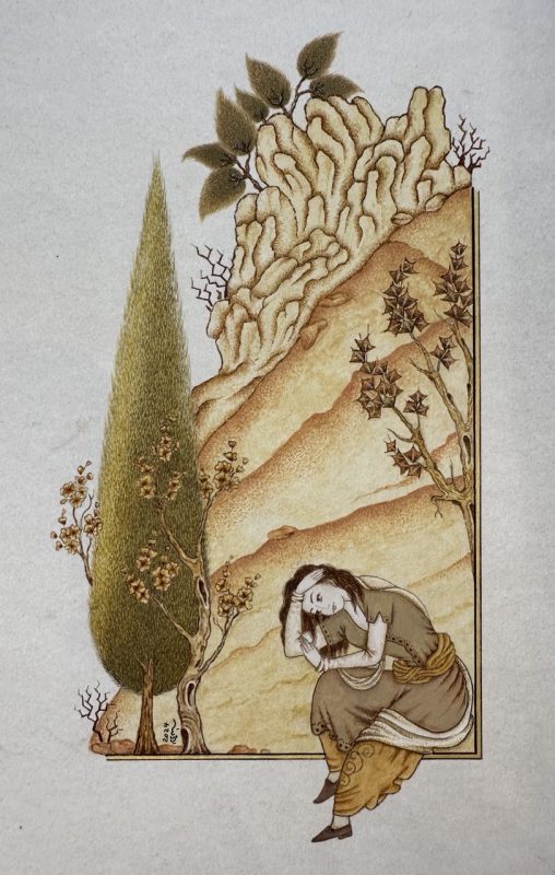 a miniature painting of a women who dreaming