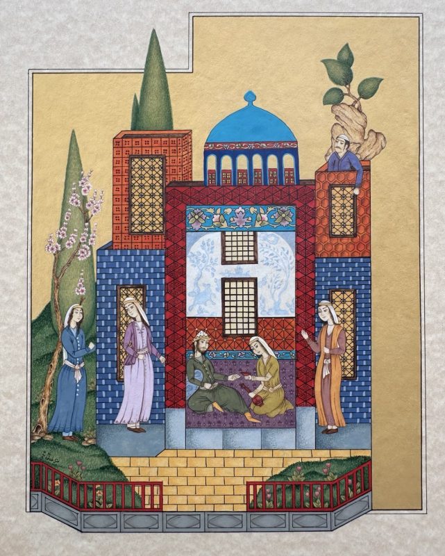 A miniature painting of a party